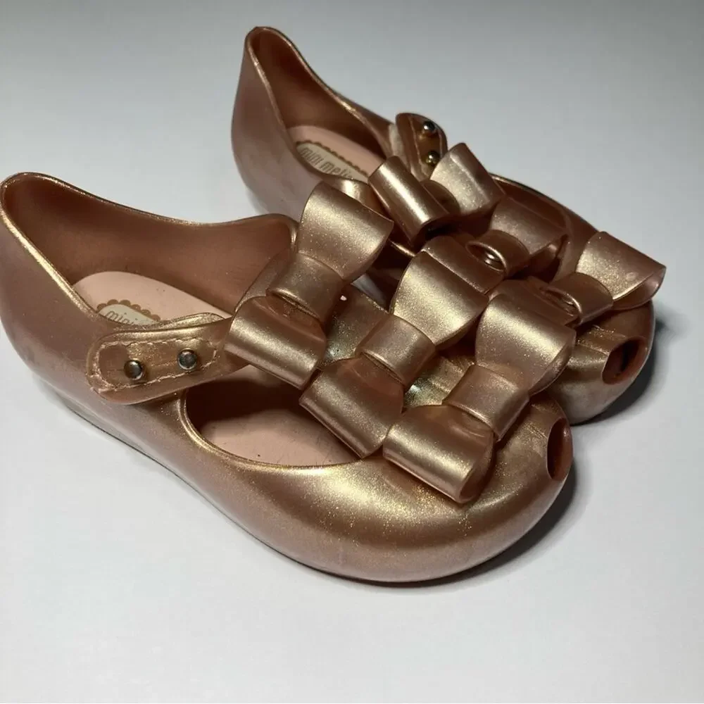 Mini Melissa Ultragirl Triple Bow Rose Gold Glitter Sparkly Dress Flats Shoes 7